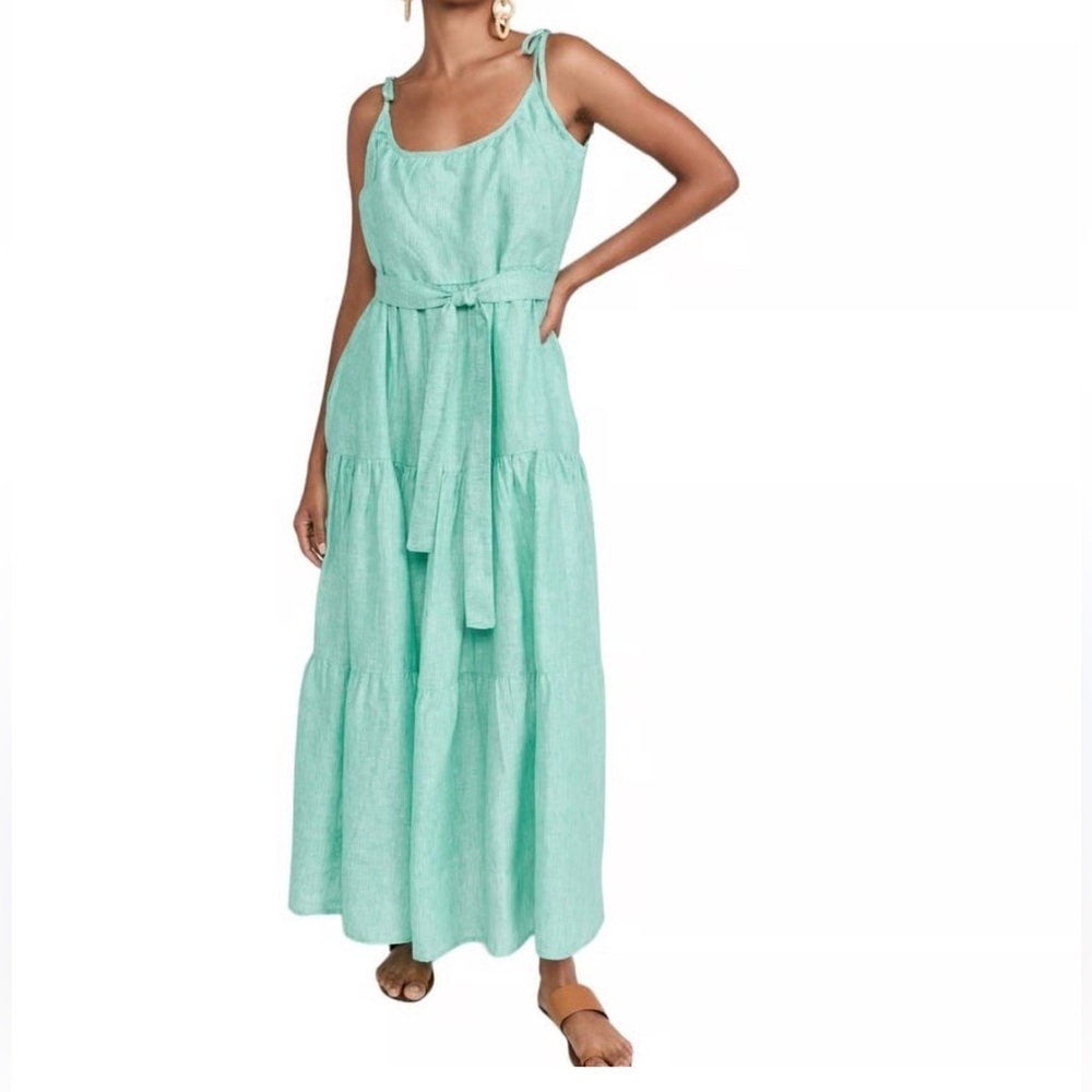 Millie Resort & Travel Linen Green Tiered Maxi Dress w/Belt NWT XS Ret $256